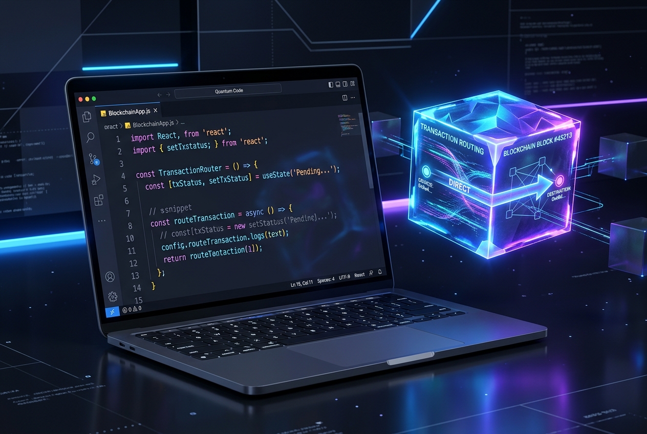 Laptop displaying code next to floating 3D blockchain block