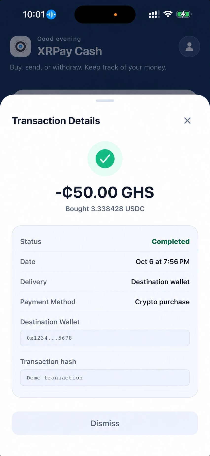 Transaction details showing a completed demo purchase and destination wallet