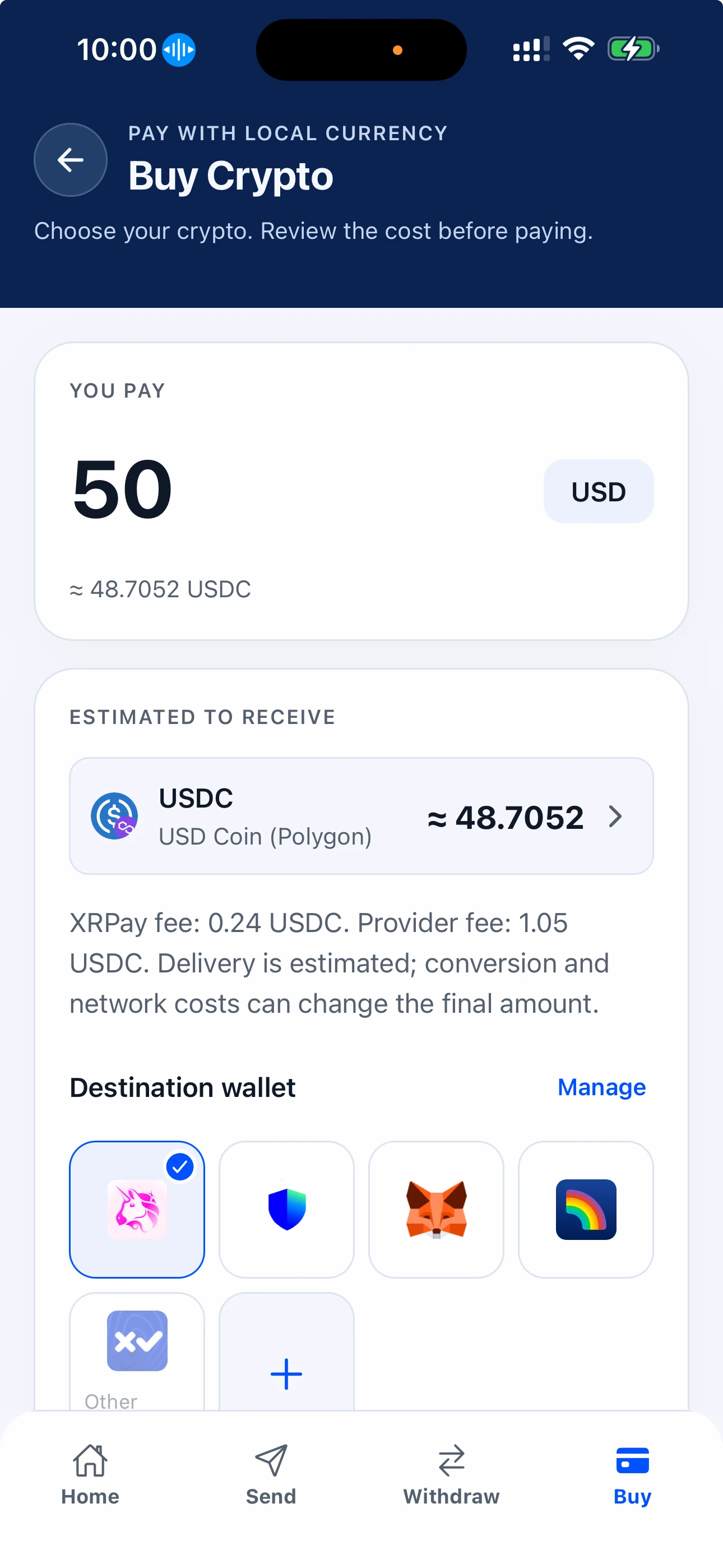 Buy crypto with an estimated USDC amount, itemized fees, and a destination wallet