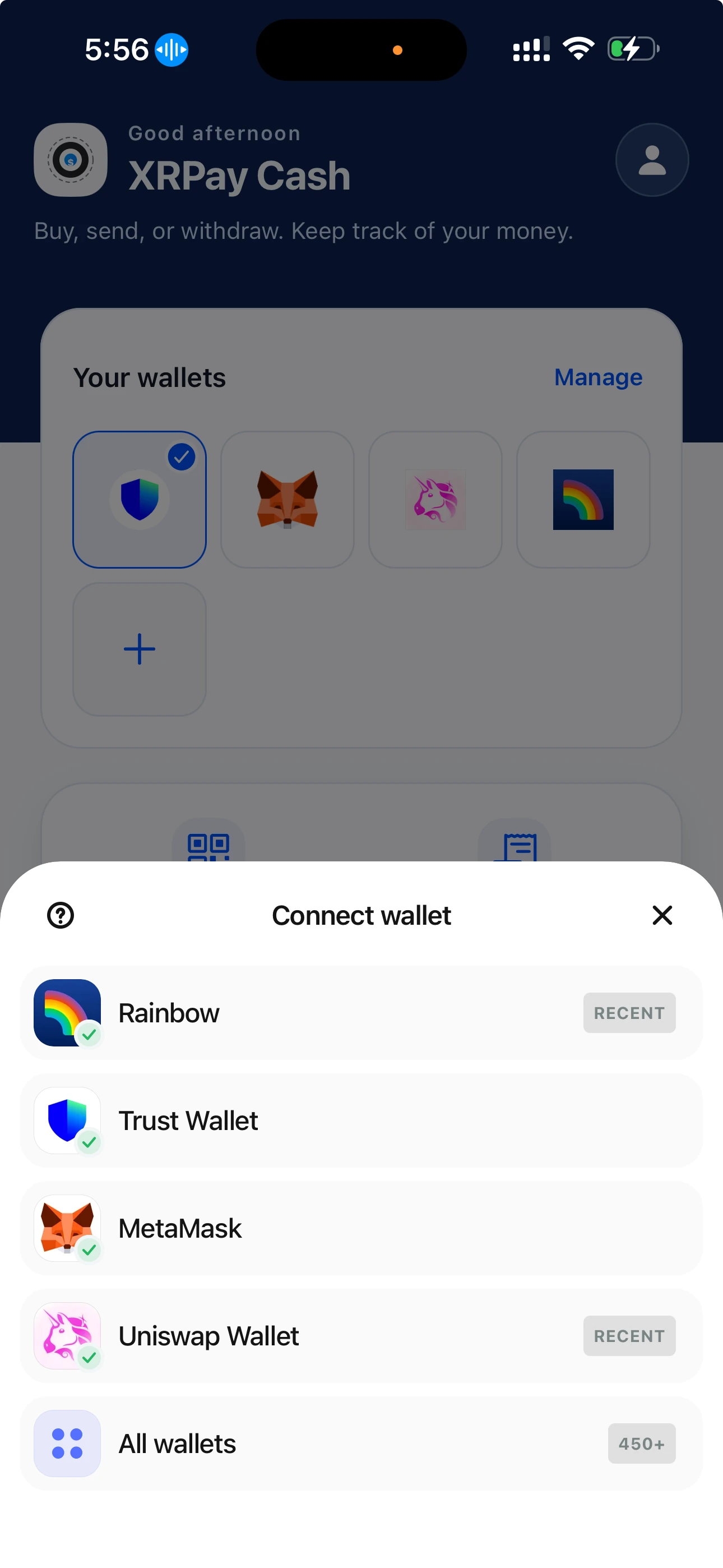 Connect wallet options including Rainbow, Trust Wallet, MetaMask, and Uniswap Wallet