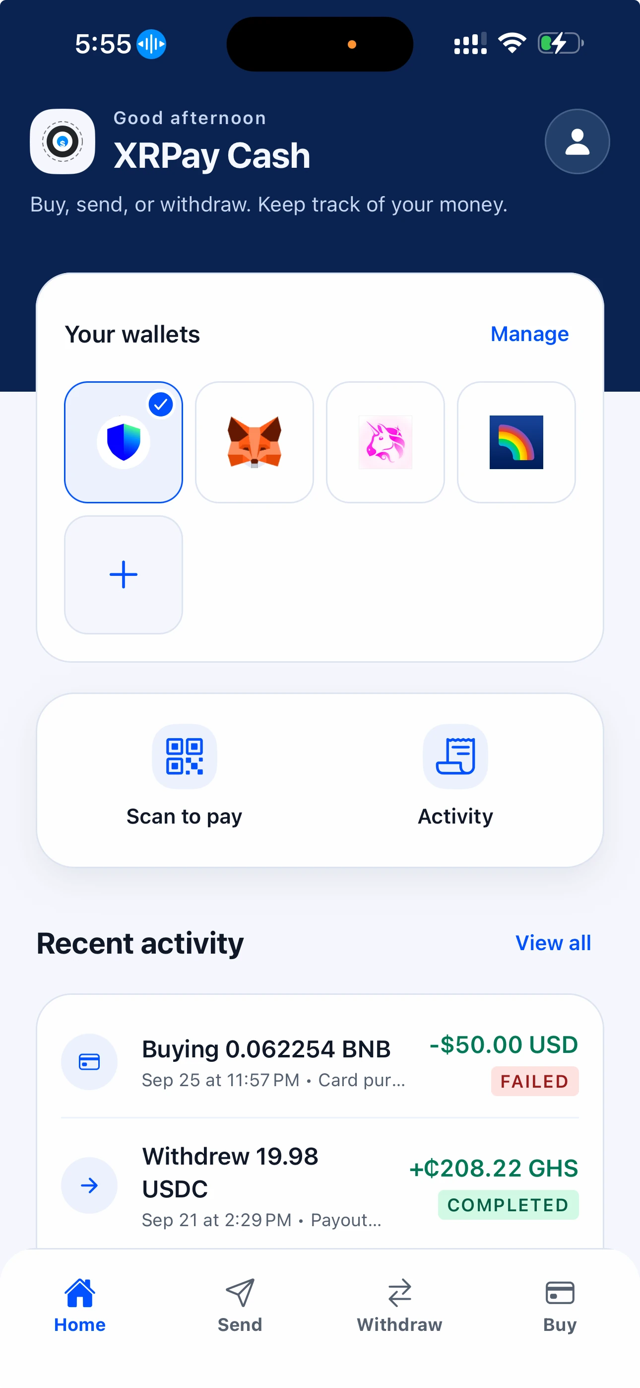 XRPay Cash Home with connected wallets, Scan to pay, and Activity