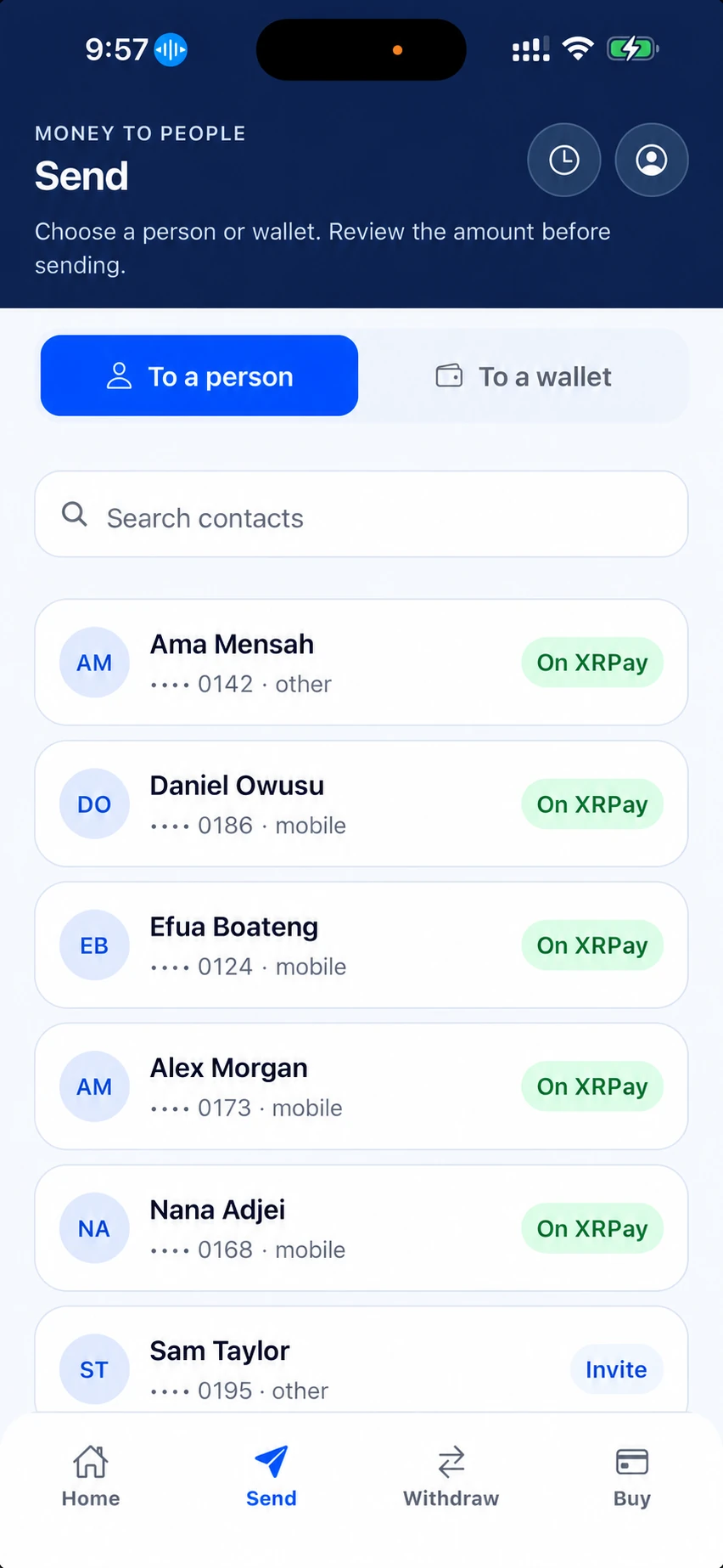 Send crypto to demo contacts on XRPay or switch to a recipient wallet address