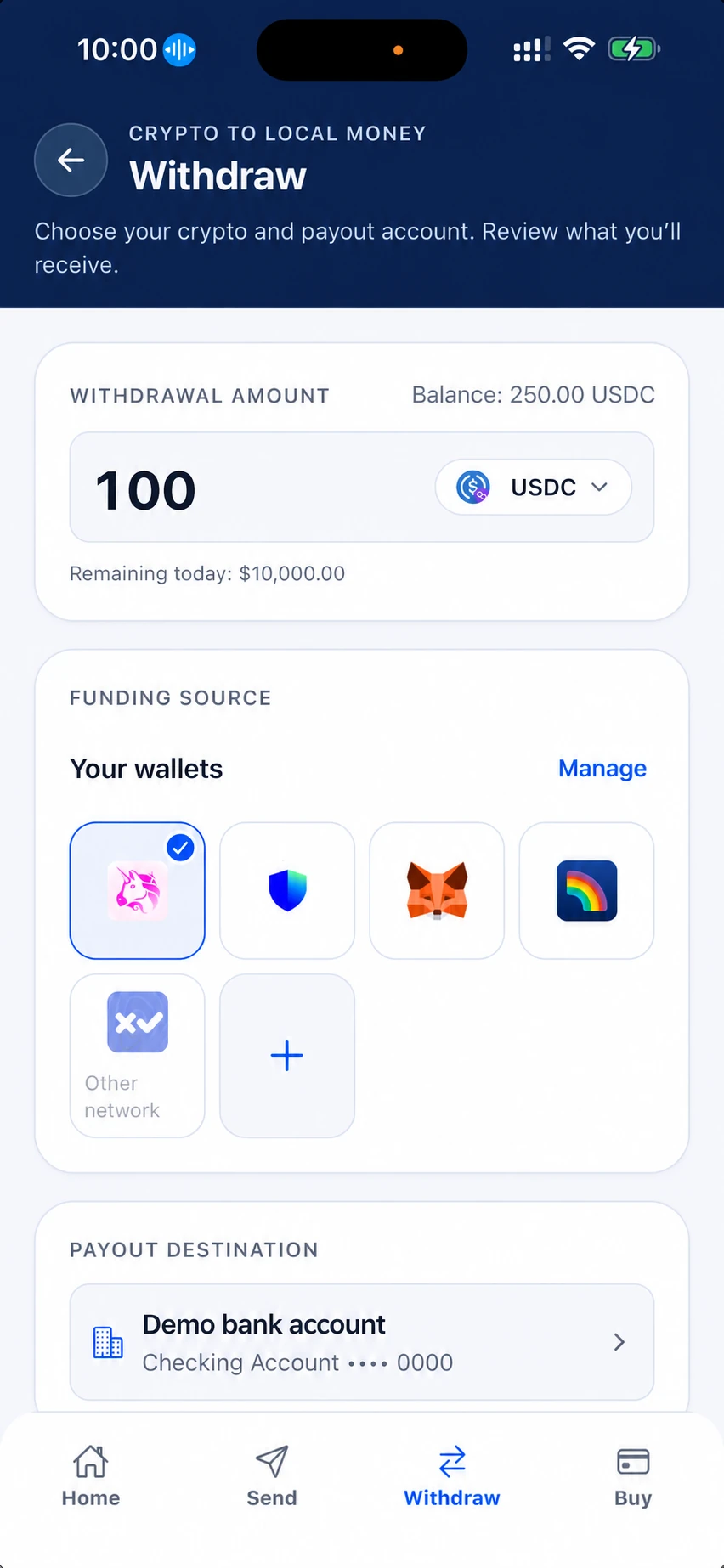 Withdraw USDC from a connected wallet to a demo bank account