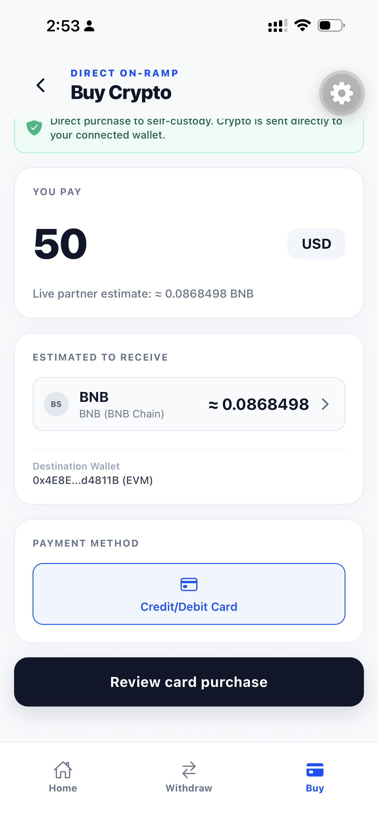 XRPay Cash buy screen with a live provider estimate