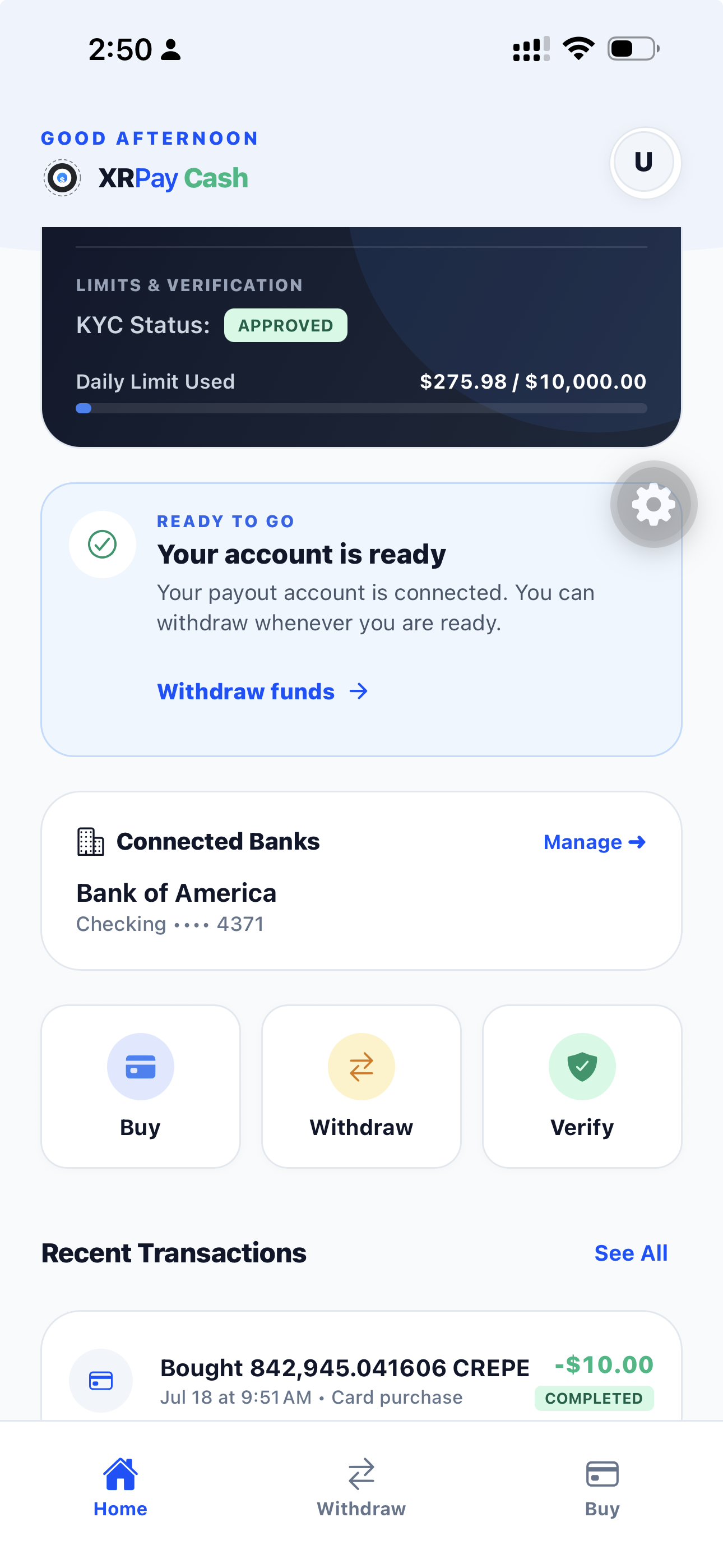 XRPay Cash dashboard with account status, buy, withdraw, and verification actions