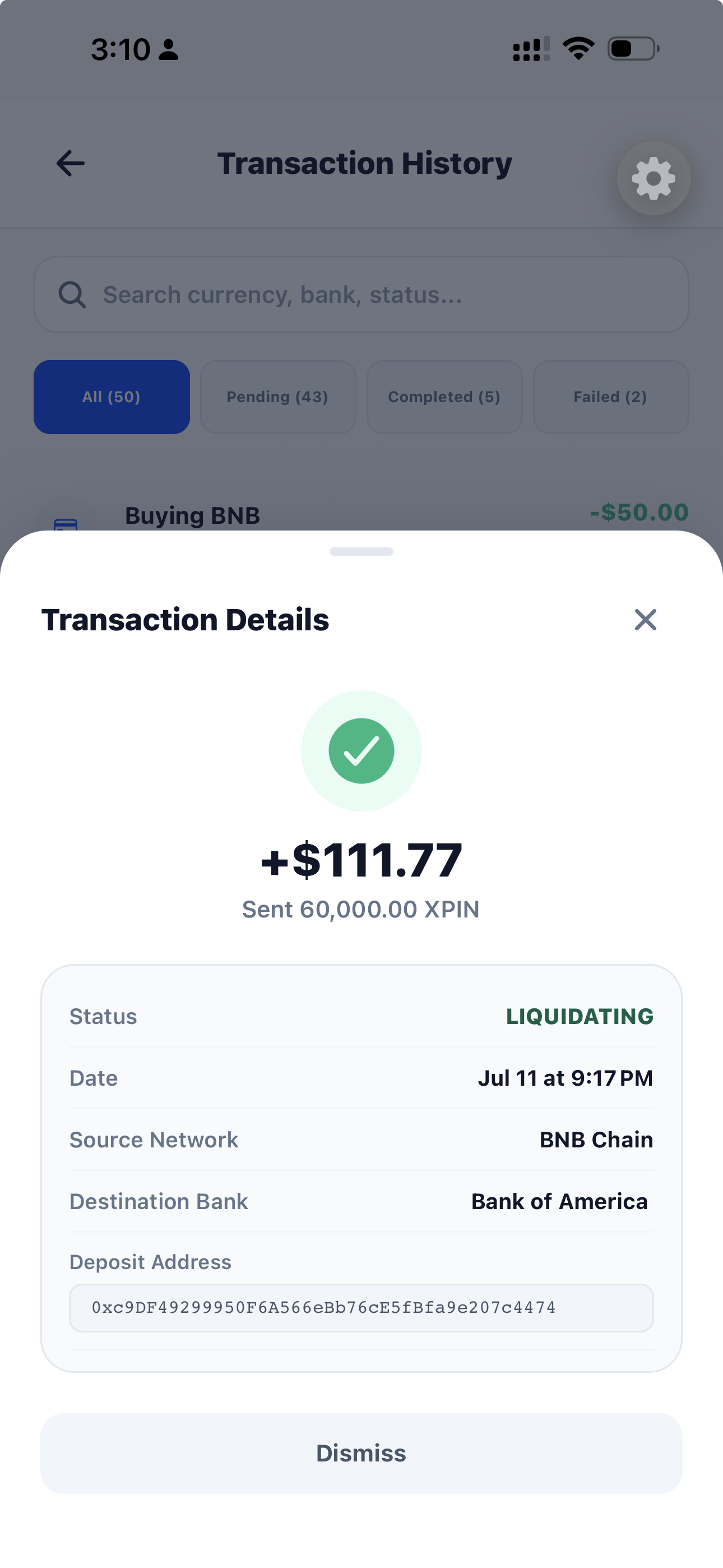 XRPay Cash transaction details and status sheet