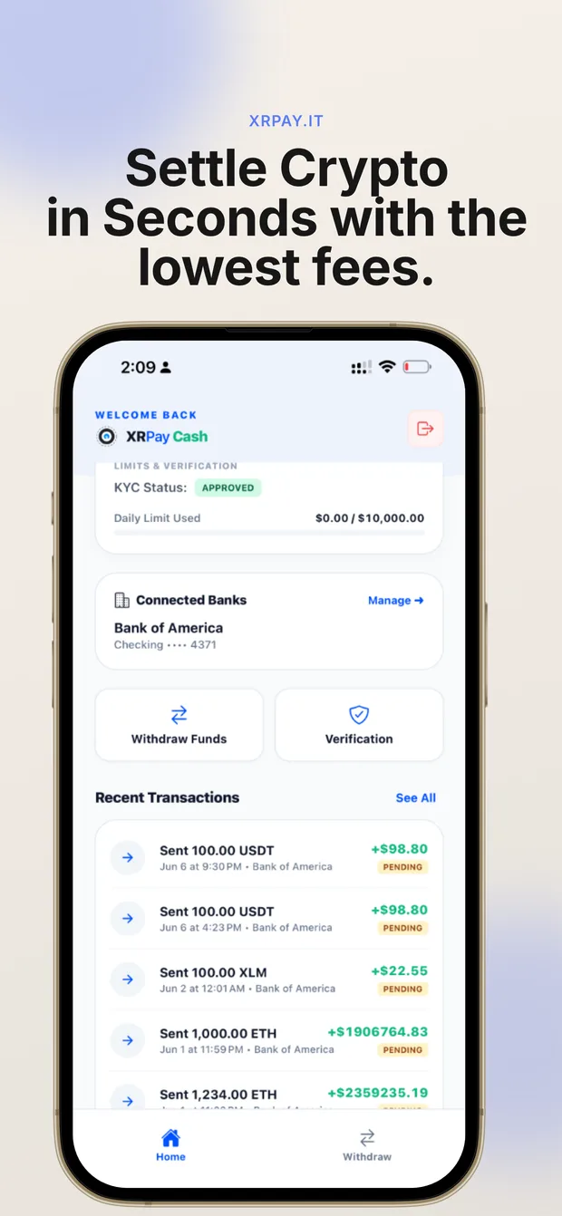 XRPay mobile dashboard showing balances and recent activity