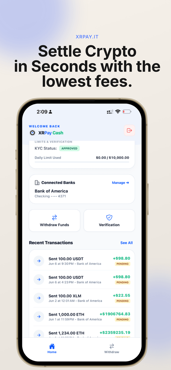 XRPay Cash dashboard after email sign-in