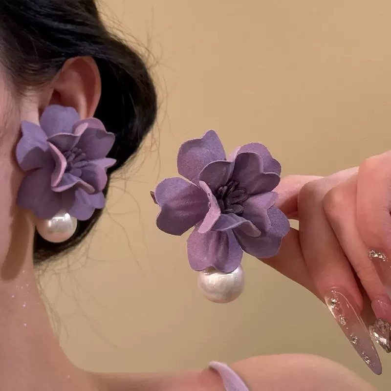 Purple Flower and Pearl Earrings