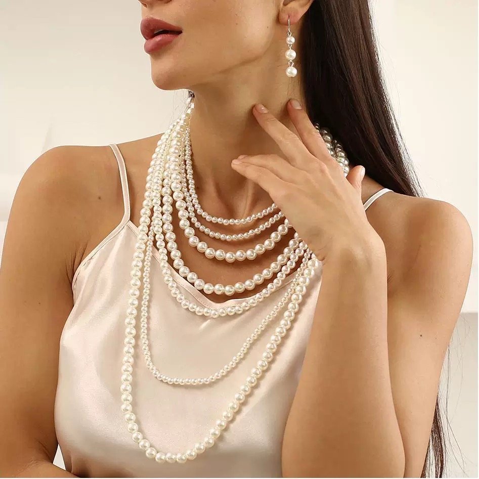 Multi-Layered Pearl Necklace Earrings Set