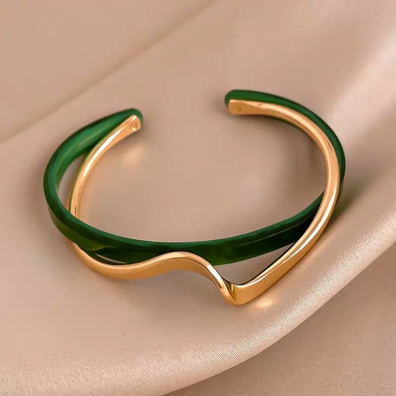 Gold Electroplated Open Bracelet - Green