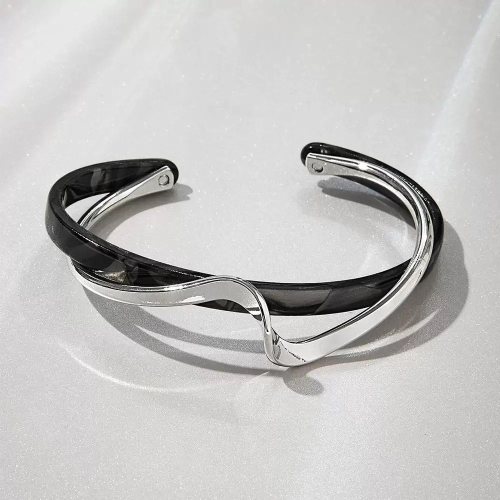 Gold Electroplated Open Bracelet - Silver Black